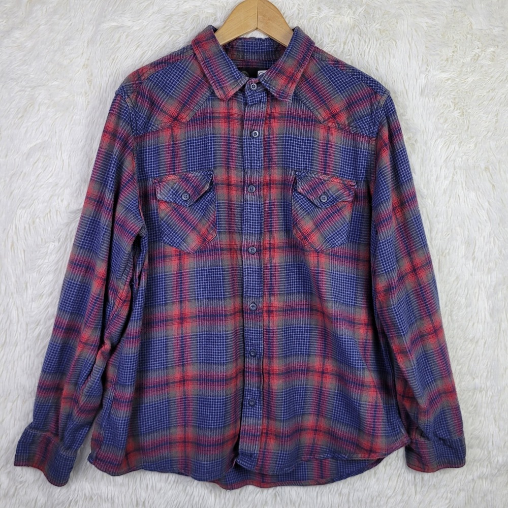 Vtg OP Ocean Pacific Mens XL Red & Navy Plaid Flannel Shirt Y2K Retro